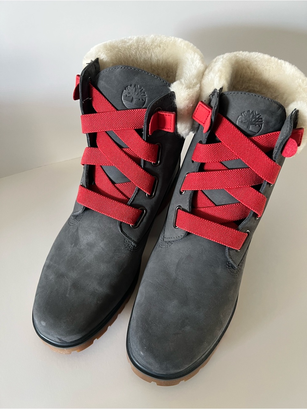 Timberland Women's Gray Leather Winter Boots with Red Laces
